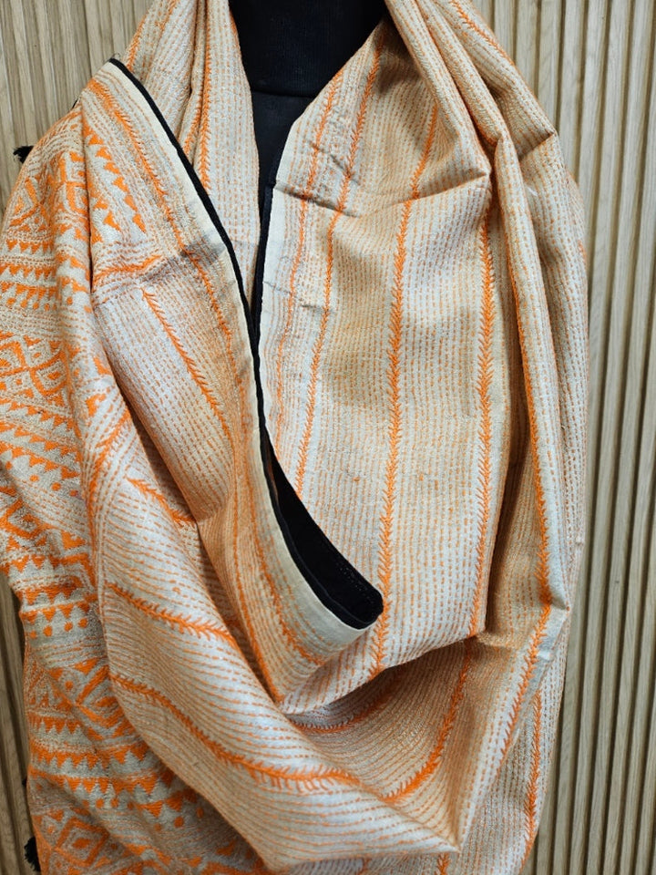Off-White &amp; Orange Tussar Silk Kantha Stitch Dupatta with&nbsp; Black Piping &amp; Black Pompom&nbsp; Balaram Saha