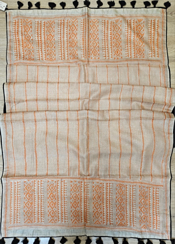 Off-White &amp; Orange Tussar Silk Kantha Stitch Dupatta with&nbsp; Black Piping &amp; Black Pompom&nbsp; Balaram Saha