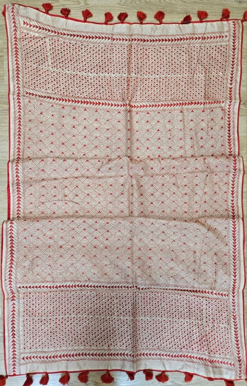 Off-White & Red Premium Tussar Silk HandStitch Kantha Dupatta with Attached Red Pompoms Balaram Saha