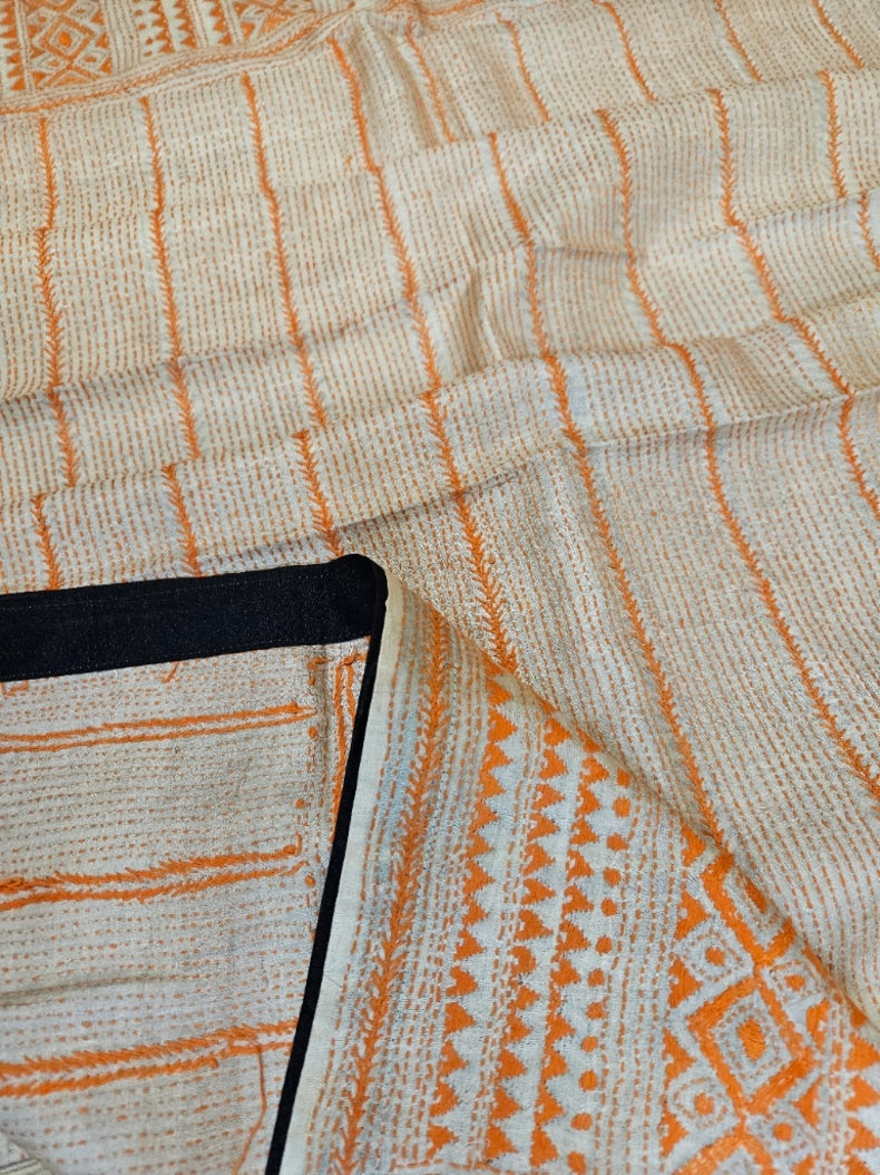 Off-White &amp; Orange Tussar Silk Kantha Stitch Dupatta with&nbsp; Black Piping &amp; Black Pompom&nbsp; Balaram Saha