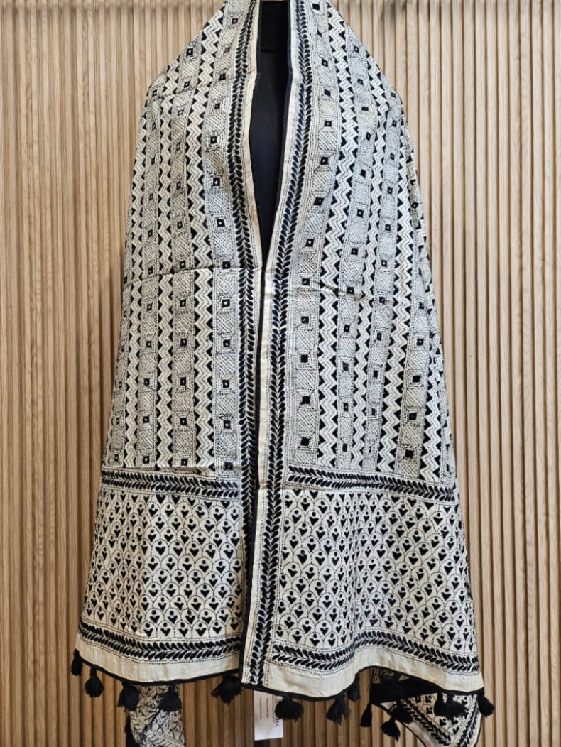 Off-White &amp; Black Tussar Silk Kantha Stitch Dupatta with Black Piping & Black Pompom Balaram Saha