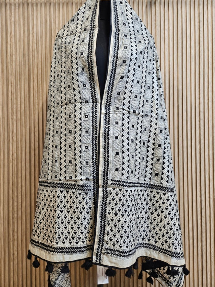 Off-White &amp; Black Tussar Silk Kantha Stitch Dupatta with Black Piping & Black Pompom Balaram Saha