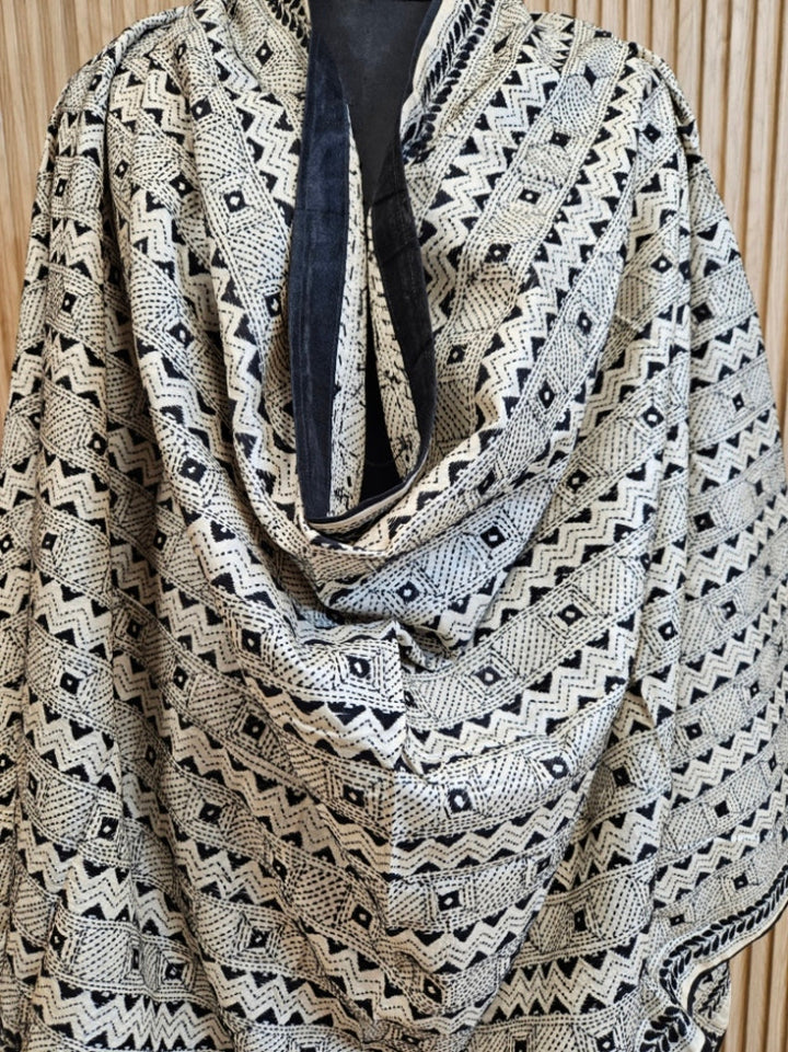 Off-White &amp; Black Tussar Silk Kantha Stitch Dupatta with Black Piping & Black Pompom Balaram Saha
