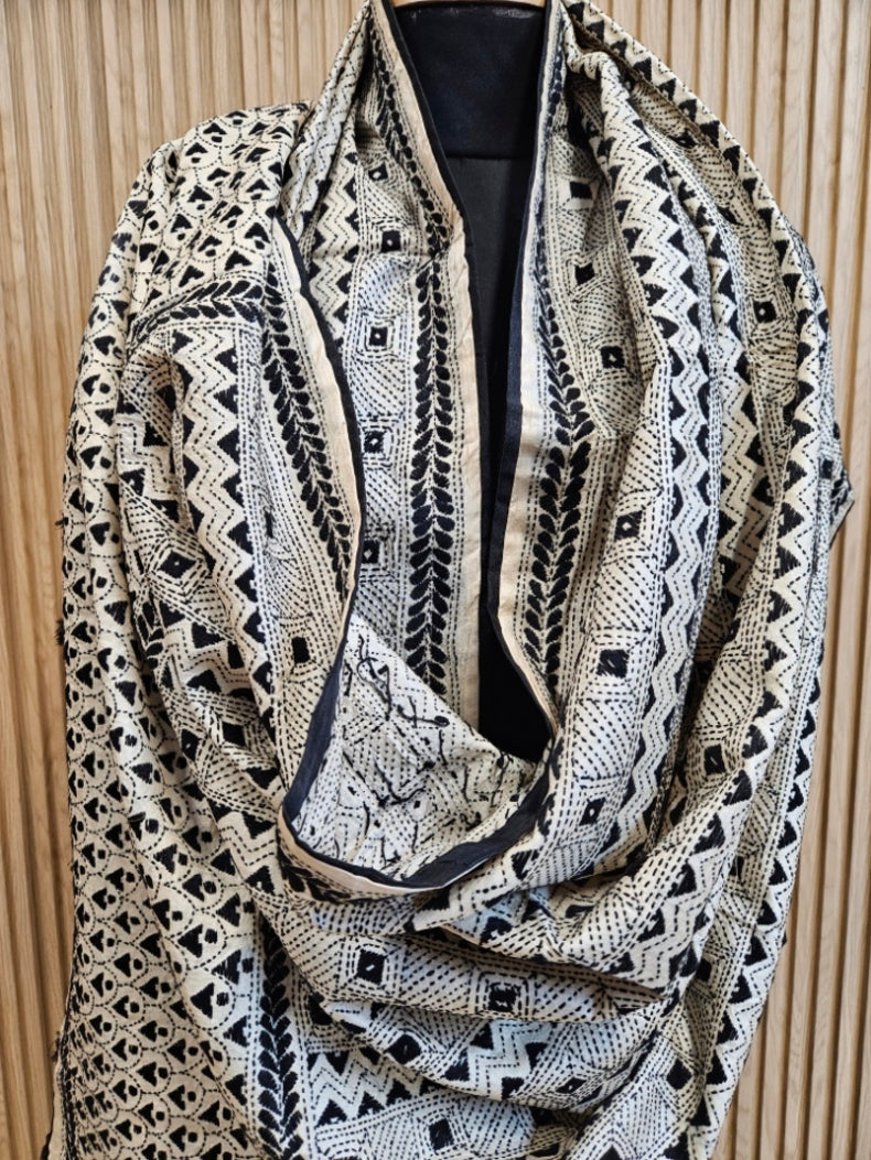 Off-White &amp; Black Tussar Silk Kantha Stitch Dupatta with Black Piping & Black Pompom Balaram Saha