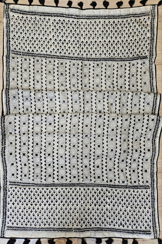 Off-White &amp; Black Tussar Silk Kantha Stitch Dupatta with Black Piping & Black Pompom Balaram Saha
