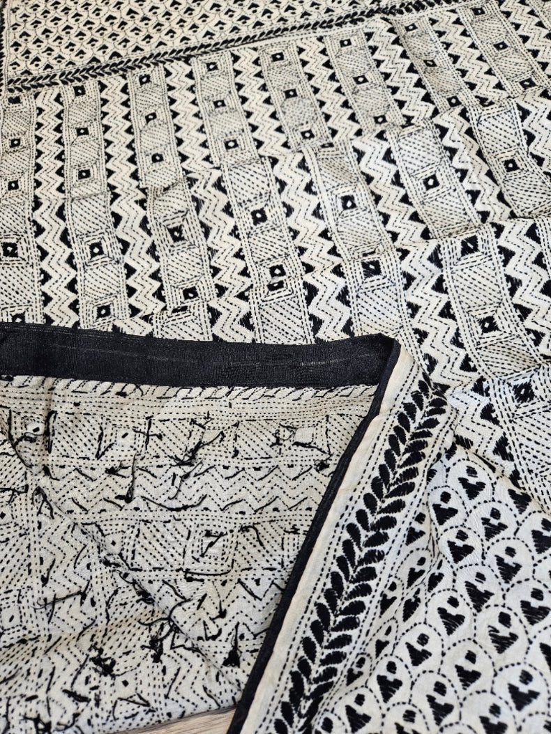 Off-White &amp; Black Tussar Silk Kantha Stitch Dupatta with Black Piping & Black Pompom Balaram Saha