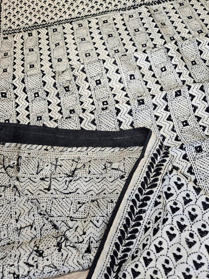 Off-White &amp; Black Tussar Silk Kantha Stitch Dupatta with Black Piping & Black Pompom Balaram Saha