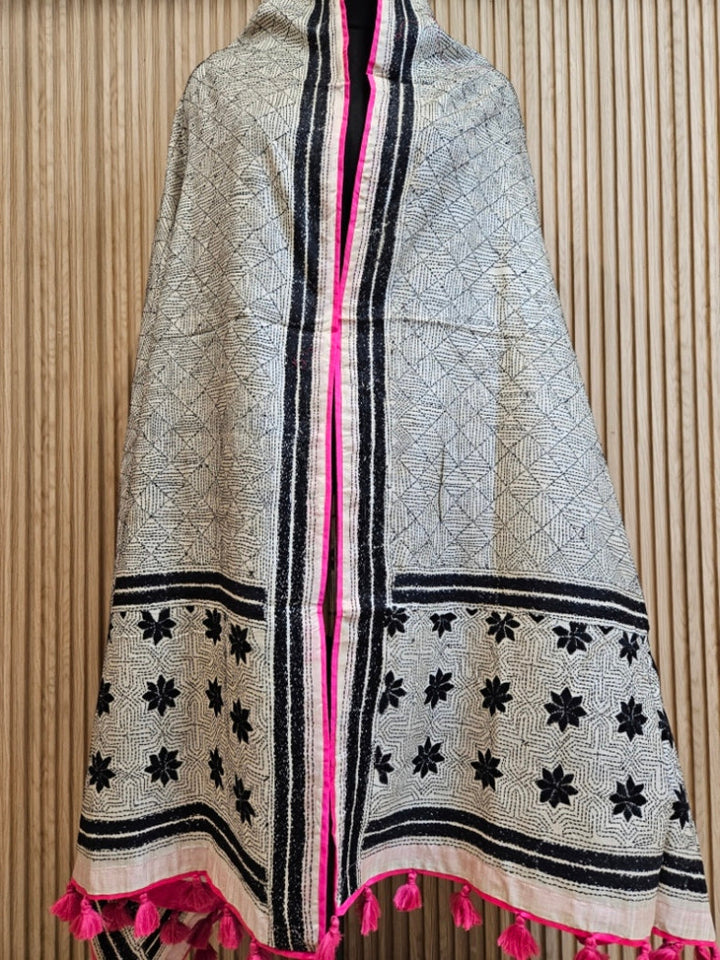 Off-White & Black Tussar Silk Kantha Stitch Dupatta with Pink Piping & Pink Pompom Balaram Saha