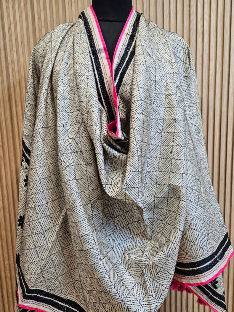 Off-White & Black Tussar Silk Kantha Stitch Dupatta with Pink Piping & Pink Pompom Balaram Saha