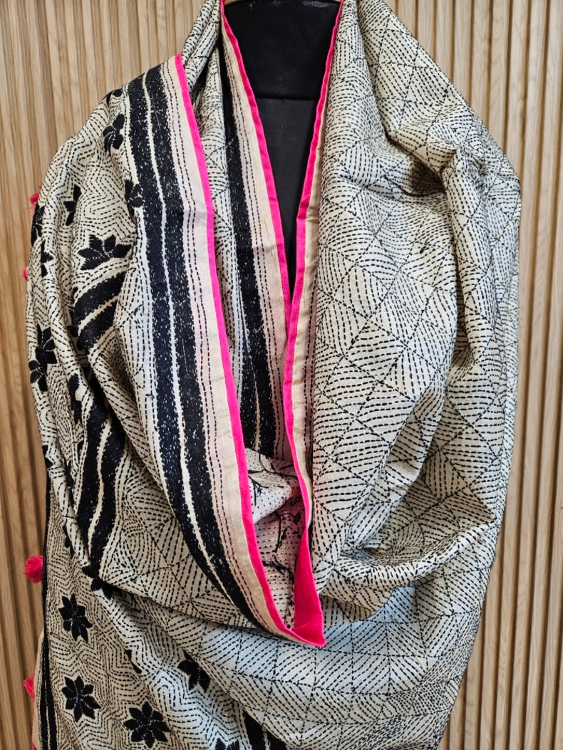 Off-White & Black Tussar Silk Kantha Stitch Dupatta with Pink Piping & Pink Pompom Balaram Saha