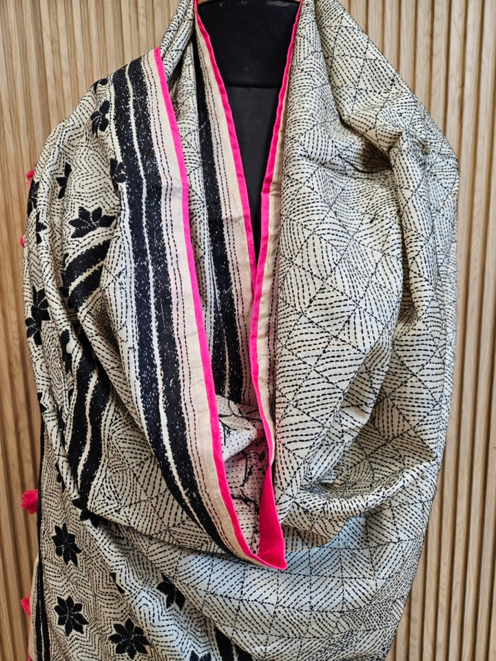 Off-White & Black Tussar Silk Kantha Stitch Dupatta with Pink Piping & Pink Pompom Balaram Saha