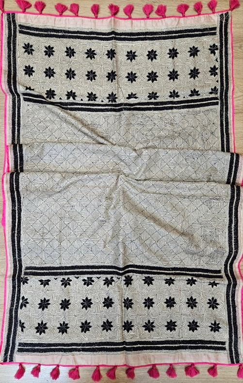 Off-White & Black Tussar Silk Kantha Stitch Dupatta with Pink Piping & Pink Pompom Balaram Saha