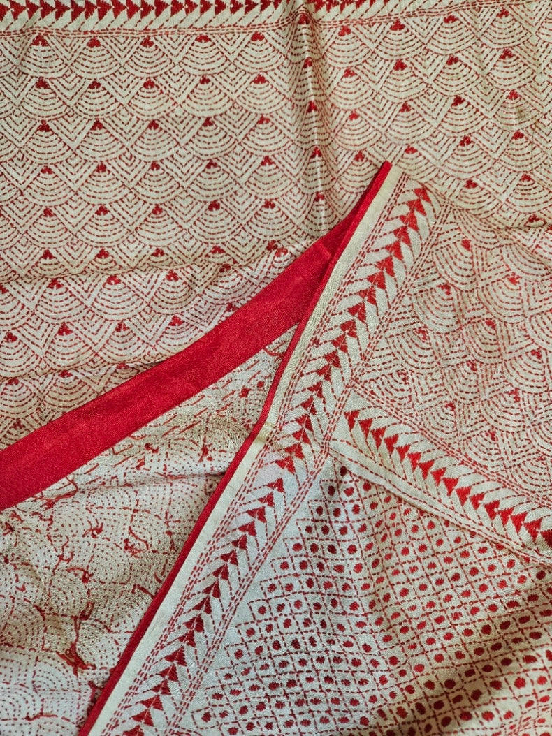 Off-White & Red Premium Tussar Silk HandStitch Kantha Dupatta with Attached Red Pompoms Balaram Saha