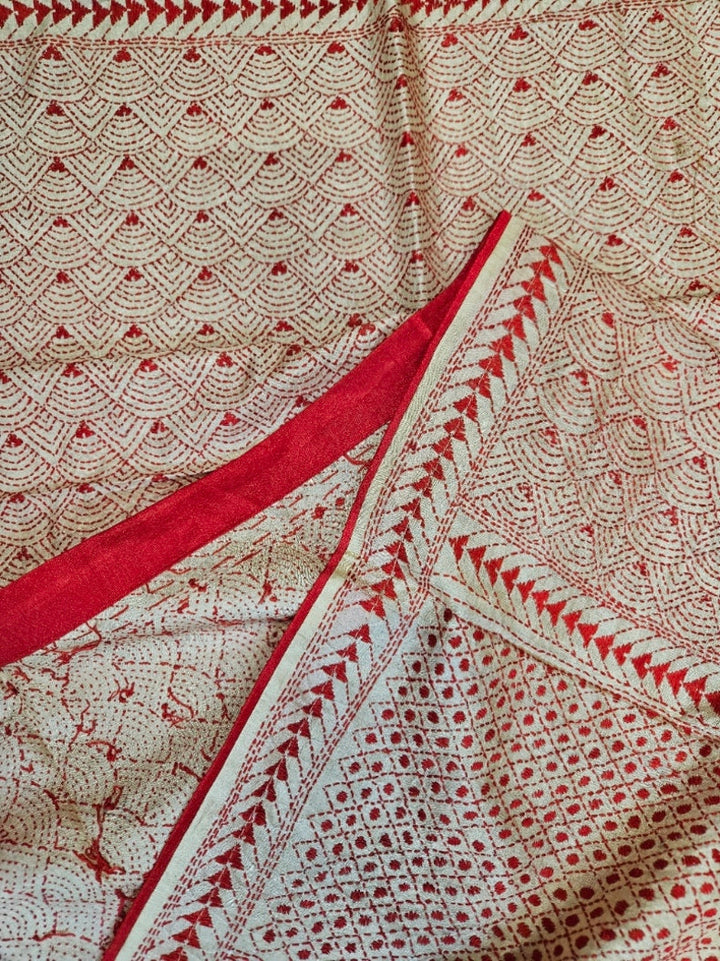 Off-White & Red Premium Tussar Silk HandStitch Kantha Dupatta with Attached Red Pompoms Balaram Saha