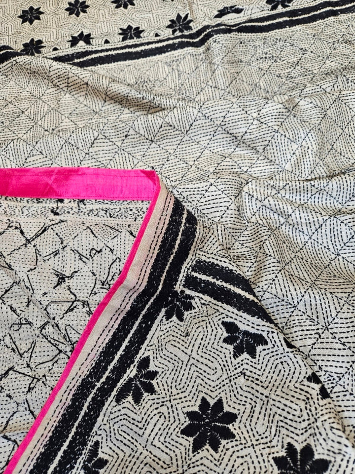 Off-White & Black Tussar Silk Kantha Stitch Dupatta with Pink Piping & Pink Pompom Balaram Saha