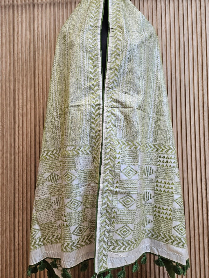 Off-White & Green Tussar Silk Kantha Stitch Dupatta with Olive Green Piping Balaram Saha