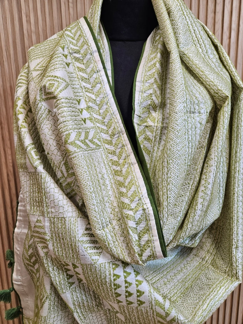 Off-White & Green Tussar Silk Kantha Stitch Dupatta with Olive Green Piping Balaram Saha