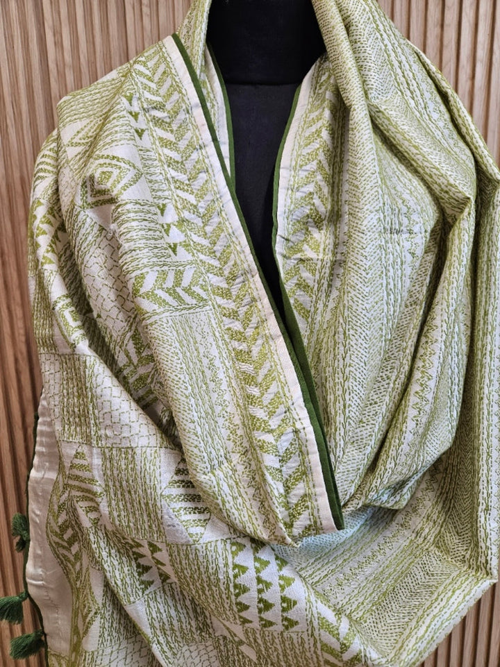 Off-White & Green Tussar Silk Kantha Stitch Dupatta with Olive Green Piping Balaram Saha