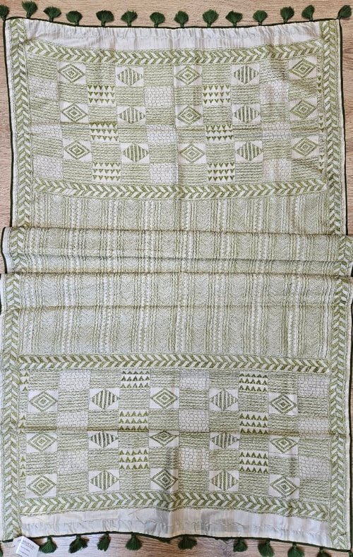 Off-White & Green Tussar Silk Kantha Stitch Dupatta with Olive Green Piping Balaram Saha