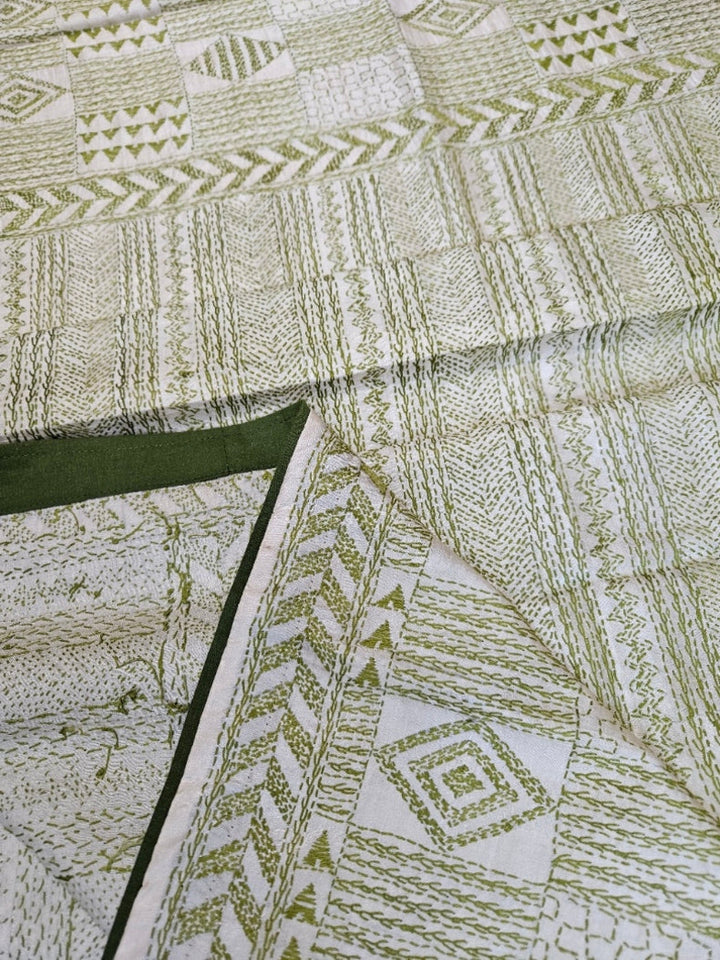 Off-White & Green Tussar Silk Kantha Stitch Dupatta with Olive Green Piping Balaram Saha