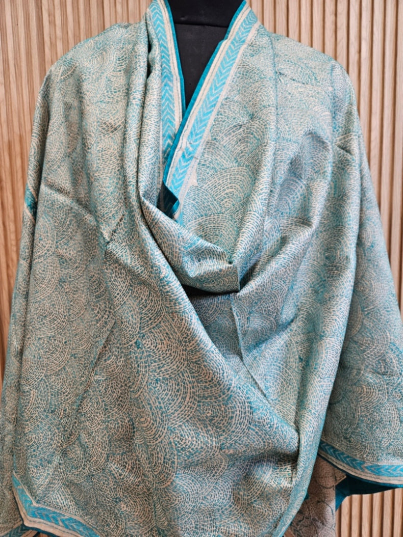 Cream & Teal Blue Tussar Silk Kantha Stitch Dupatta with Teal Border & Teal Pompom Tassels Balaram Saha