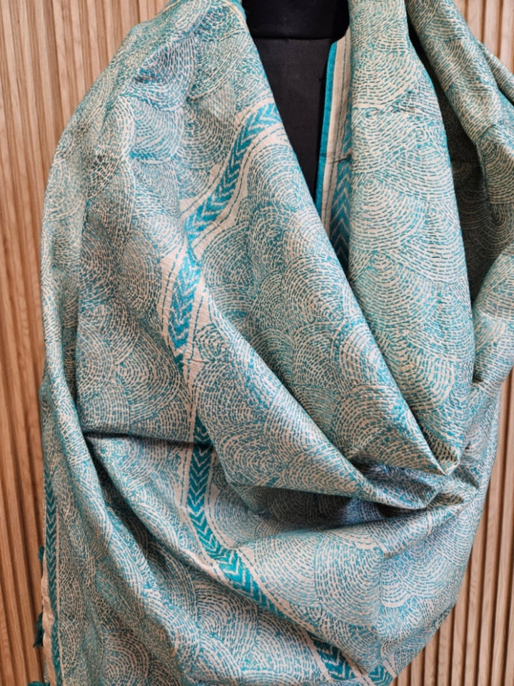 Cream & Teal Blue Tussar Silk Kantha Stitch Dupatta with Teal Border & Teal Pompom Tassels Balaram Saha