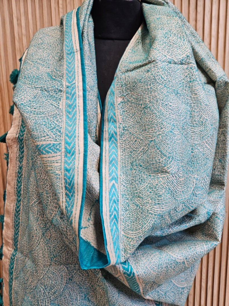 Cream & Teal Blue Tussar Silk Kantha Stitch Dupatta with Teal Border & Teal Pompom Tassels Balaram Saha