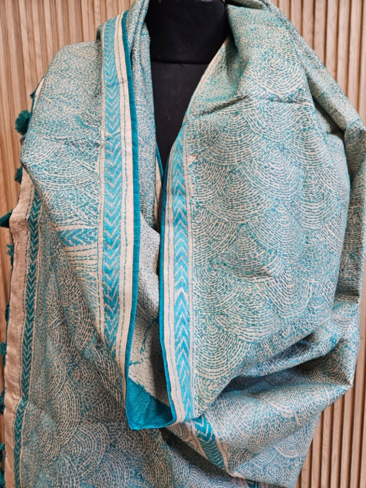 Cream & Teal Blue Tussar Silk Kantha Stitch Dupatta with Teal Border & Teal Pompom Tassels Balaram Saha