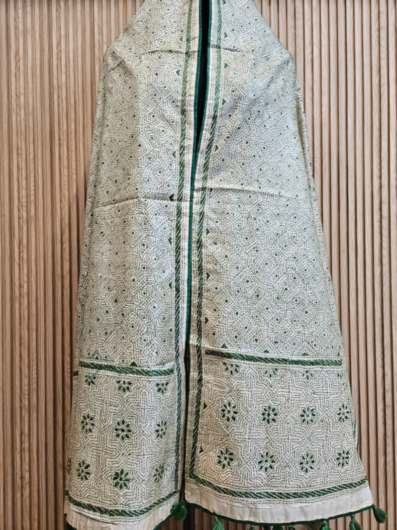 Natural Beige & Green Premium Tussar Silk HandStitch Kantha Dupatta with Attached Green Pompoms Balaram Saha