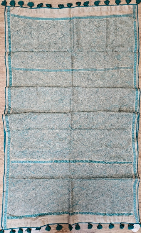 Cream & Teal Blue Tussar Silk Kantha Stitch Dupatta with Teal Border & Teal Pompom Tassels Balaram Saha