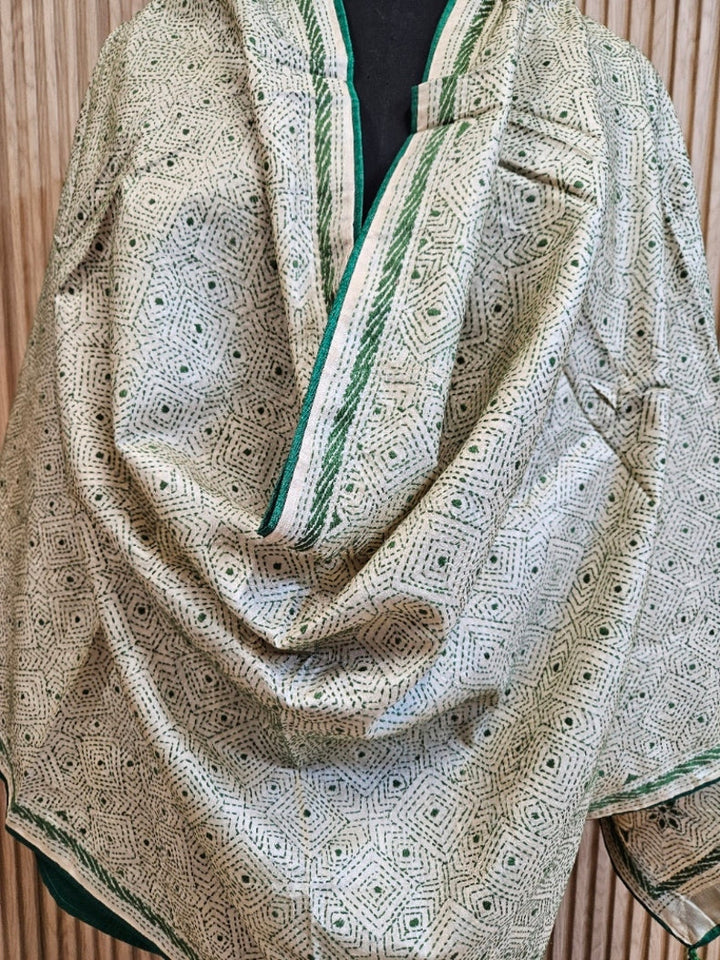 Natural Beige & Green Premium Tussar Silk HandStitch Kantha Dupatta with Attached Green Pompoms Balaram Saha