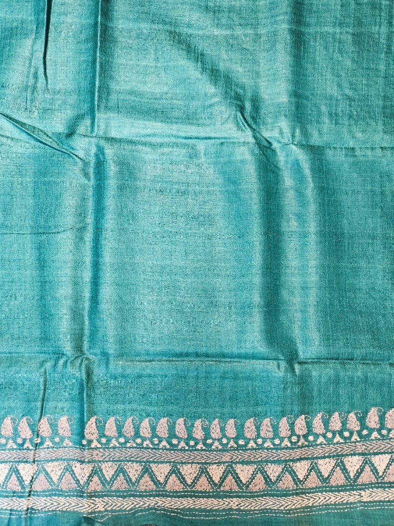 Balaram Saha: Luxury Meets Tradition - Cream & Green Pure Tussar Silk Saree with Kantha Embroidery Balaram Saha