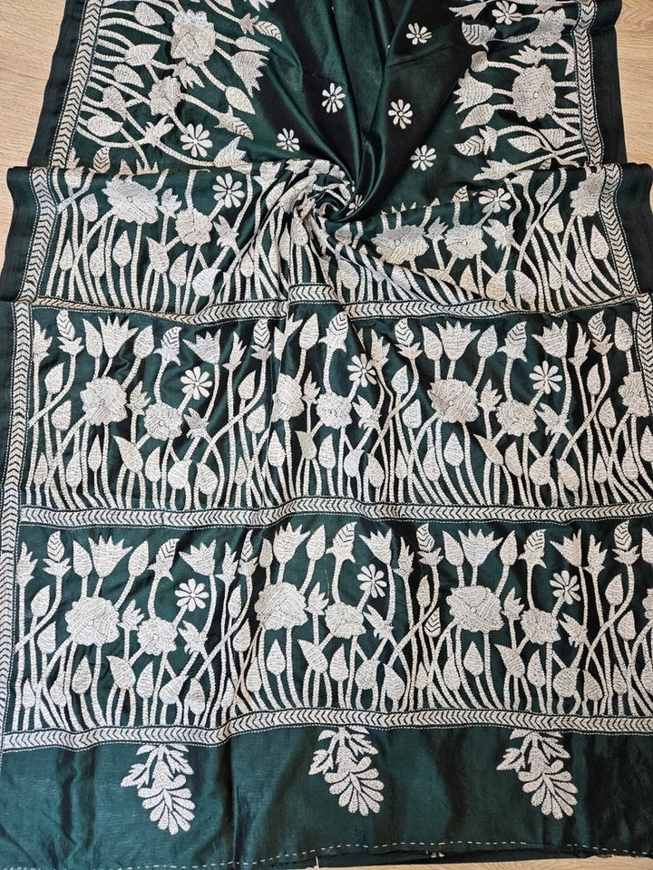 Balaram Saha: Exquisite Craftsmanship - Pure Handloom katan Silk Handstitch Kantha Saree Balaram Saha