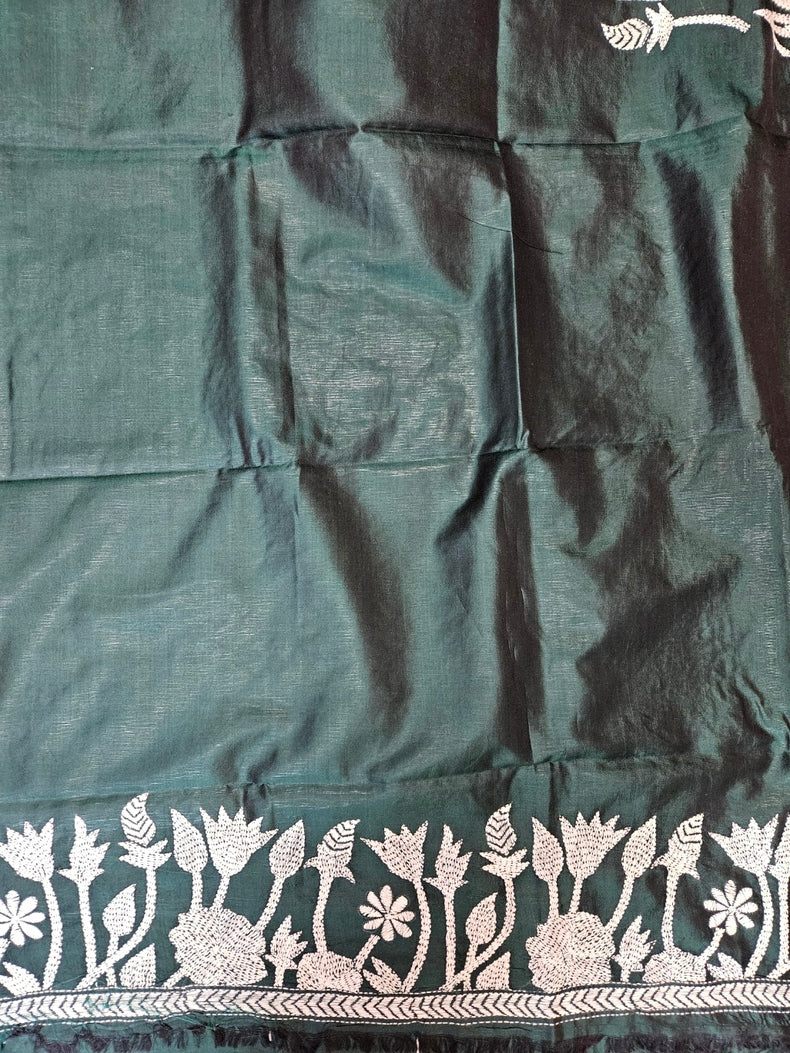 Balaram Saha: Exquisite Craftsmanship - Pure Handloom katan Silk Handstitch Kantha Saree Balaram Saha