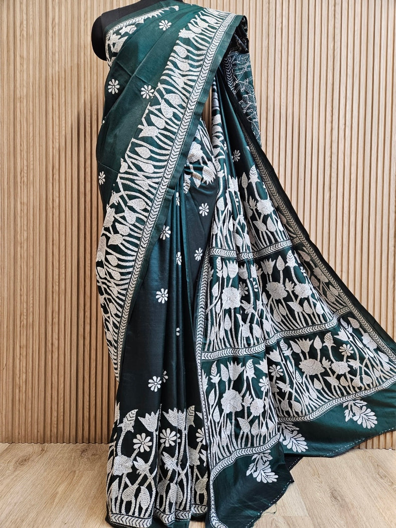 Balaram Saha: Exquisite Craftsmanship - Pure Handloom katan Silk Handstitch Kantha Saree Balaram Saha