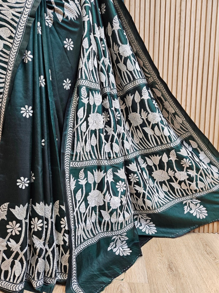 Balaram Saha: Exquisite Craftsmanship - Pure Handloom katan Silk Handstitch Kantha Saree Balaram Saha