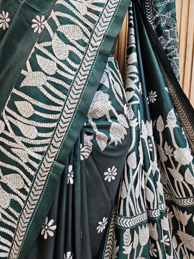 Balaram Saha: Exquisite Craftsmanship - Pure Handloom katan Silk Handstitch Kantha Saree Balaram Saha