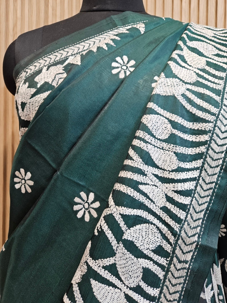 Balaram Saha: Exquisite Craftsmanship - Pure Handloom katan Silk Handstitch Kantha Saree Balaram Saha