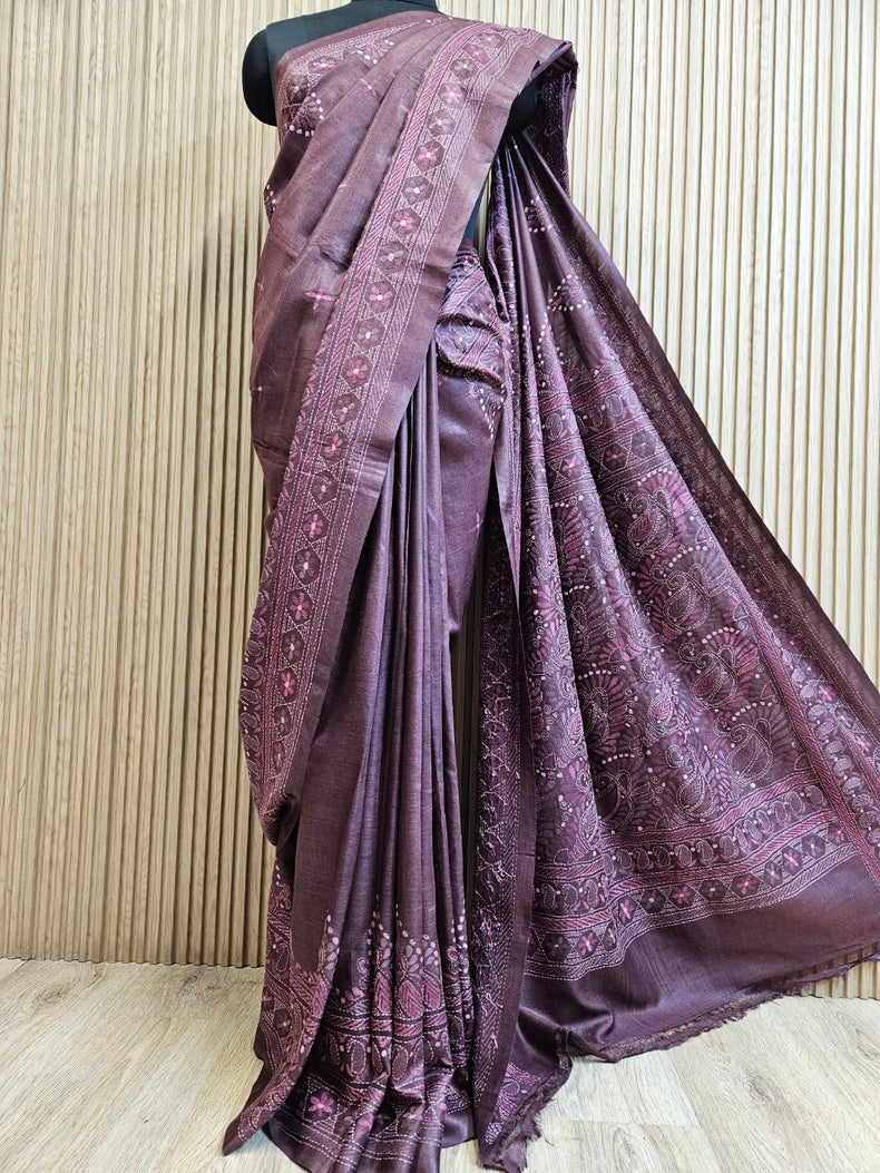 Chocolate Brown Handstitch Kantha Tussar Silk Saree by Balaram Saha Balaram Saha