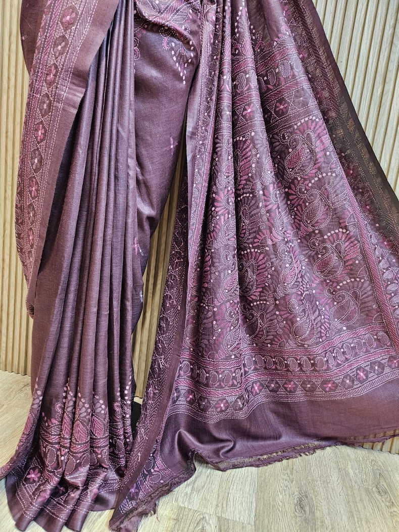 Chocolate Brown Handstitch Kantha Tussar Silk Saree by Balaram Saha Balaram Saha