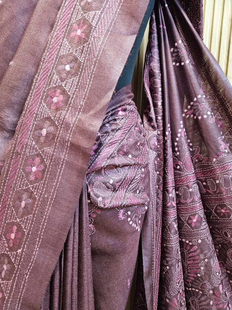 Chocolate Brown Handstitch Kantha Tussar Silk Saree by Balaram Saha Balaram Saha