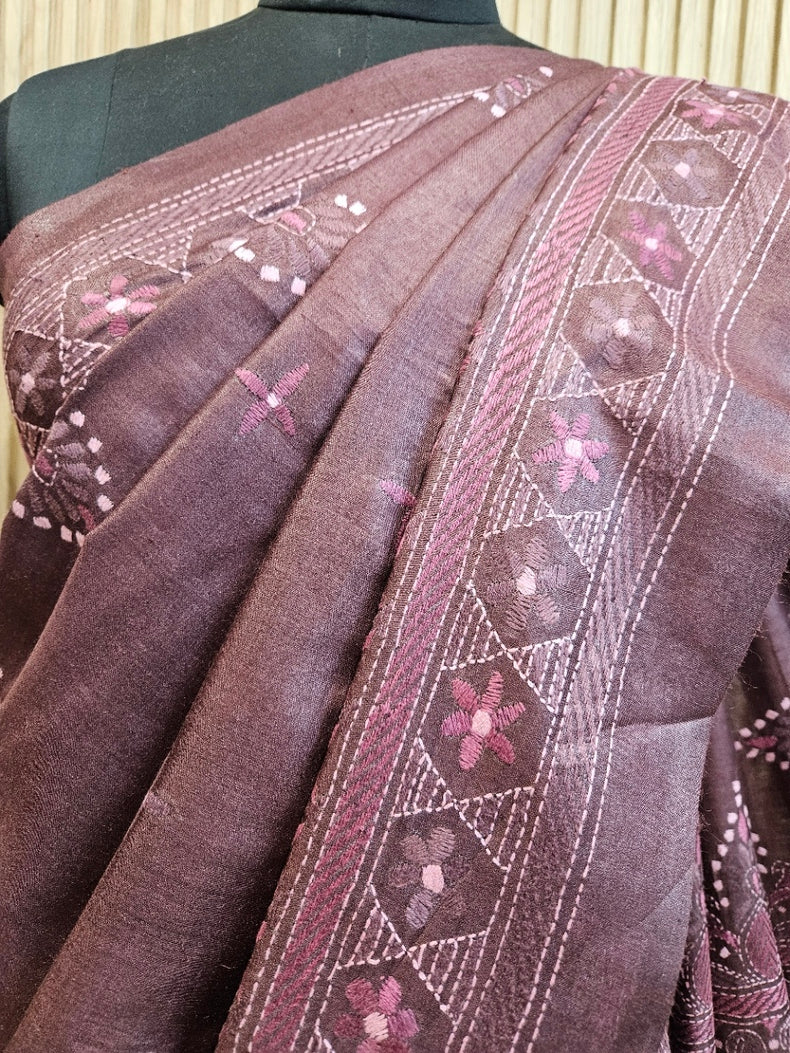 Chocolate Brown Handstitch Kantha Tussar Silk Saree by Balaram Saha Balaram Saha