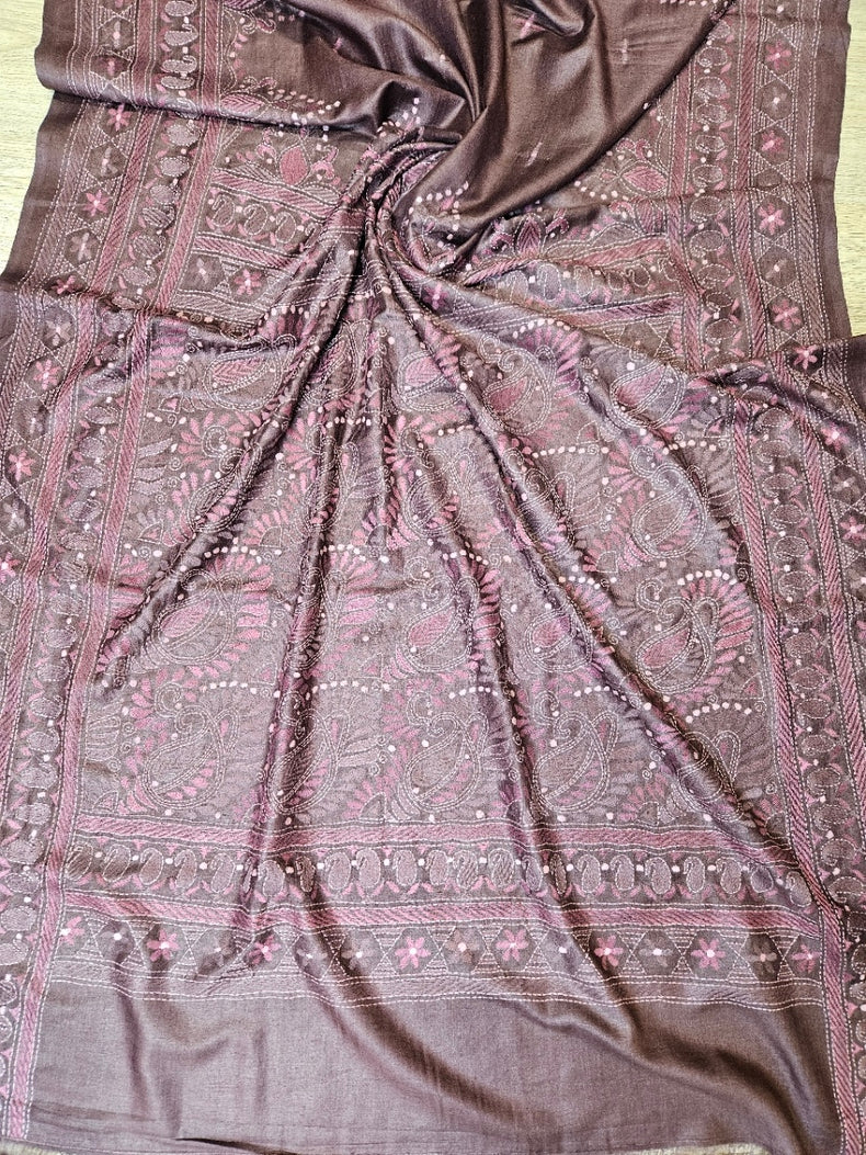 Chocolate Brown Handstitch Kantha Tussar Silk Saree by Balaram Saha Balaram Saha