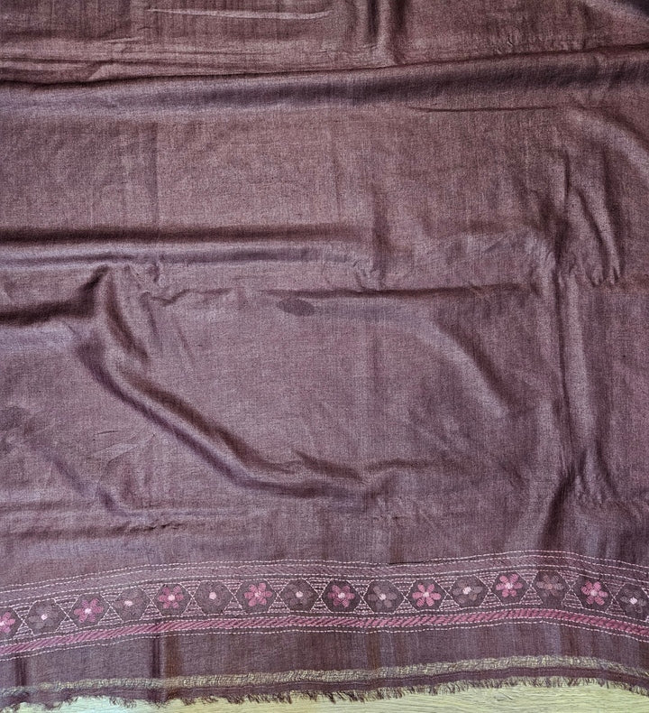 Chocolate Brown Handstitch Kantha Tussar Silk Saree by Balaram Saha Balaram Saha