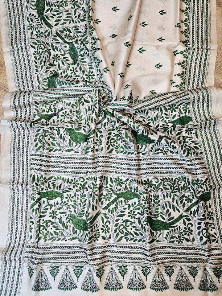 Masterpiece of Artistry: Off-White Tussar Silk Kantha Stitch Saree Balaram Saha Balaram Saha