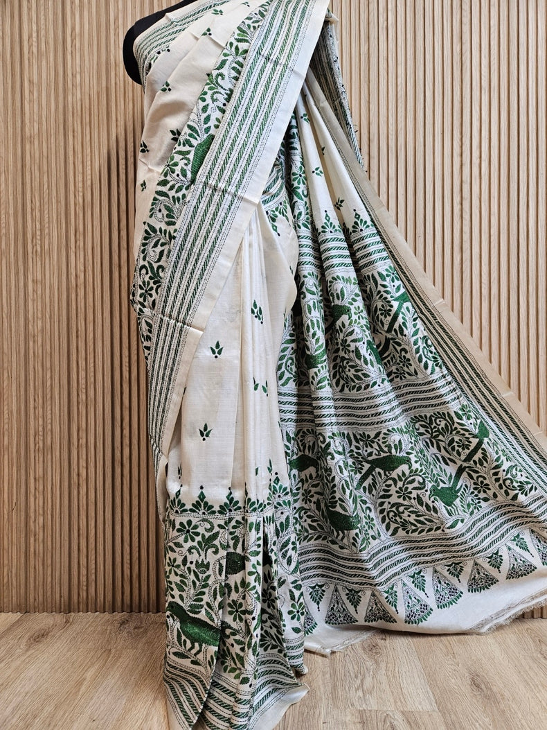 Masterpiece of Artistry: Off-White Tussar Silk Kantha Stitch Saree Balaram Saha Balaram Saha