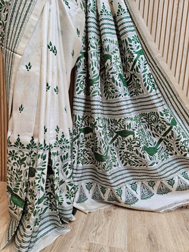 Masterpiece of Artistry: Off-White Tussar Silk Kantha Stitch Saree Balaram Saha Balaram Saha
