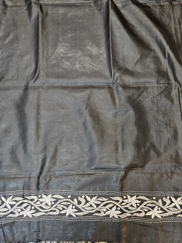 Pure Katan Magic: White & Green Kantha Silk Saree by Balaram Saha Balaram Saha