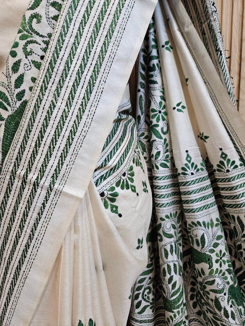 Masterpiece of Artistry: Off-White Tussar Silk Kantha Stitch Saree Balaram Saha Balaram Saha