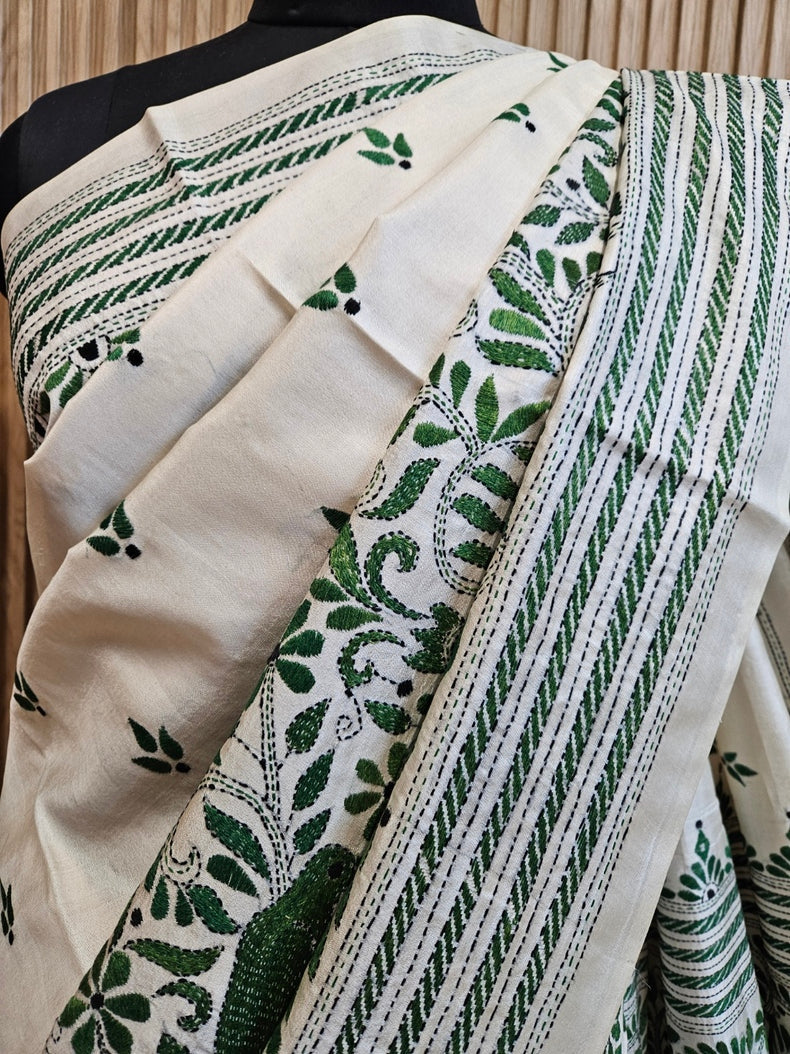 Masterpiece of Artistry: Off-White Tussar Silk Kantha Stitch Saree Balaram Saha Balaram Saha
